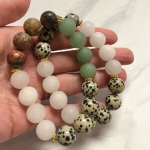 Multi Stone Big Bead Bracelet Stack, Two Piece Stretch Bracelets